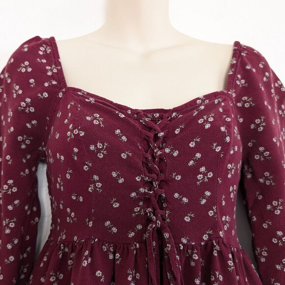 AEROPOSTALE Top Women's S Burgundy Floral Corset Babydoll Pullover Long Sleeve - Picture 5 of 16